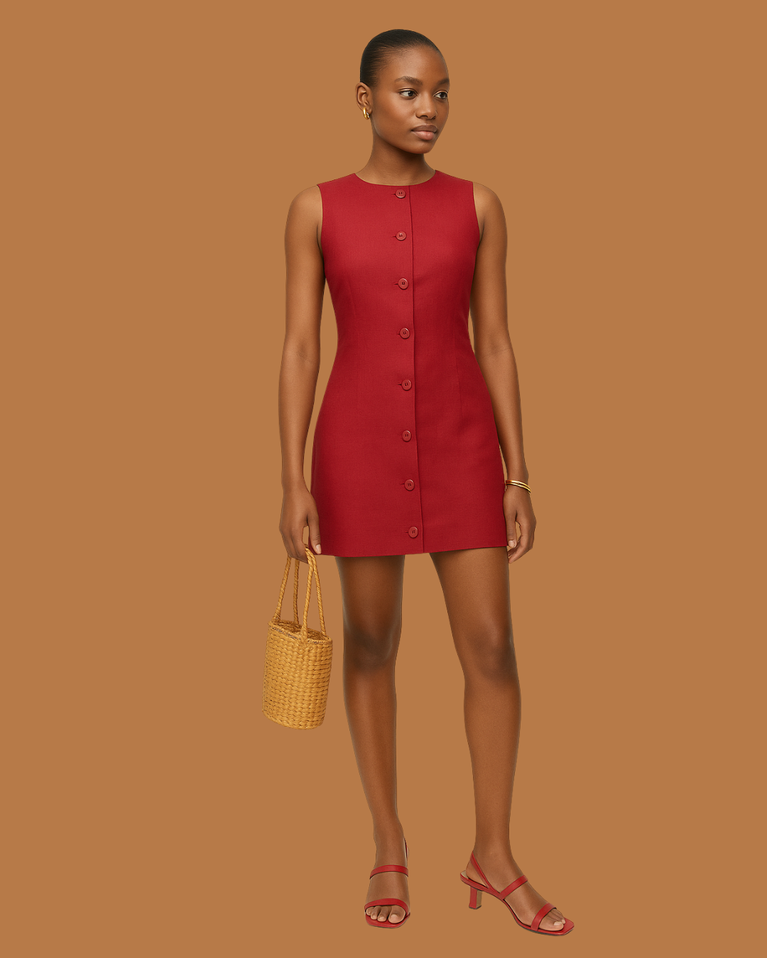 Riviera Mini – Tailored Red Linen Button-Front Dress