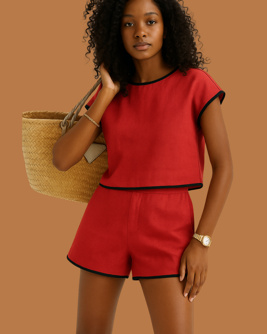 Oleil Linen Set – Red Contrast-Trim Crop Top & Shorts Co-Ord