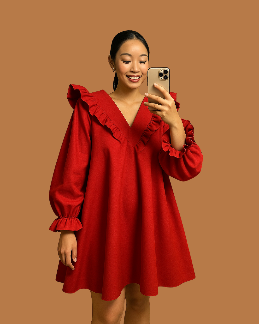 Ruby Red Ruffle Babydoll Dress – Long Sleeve V-Neck Cotton Blend Mini