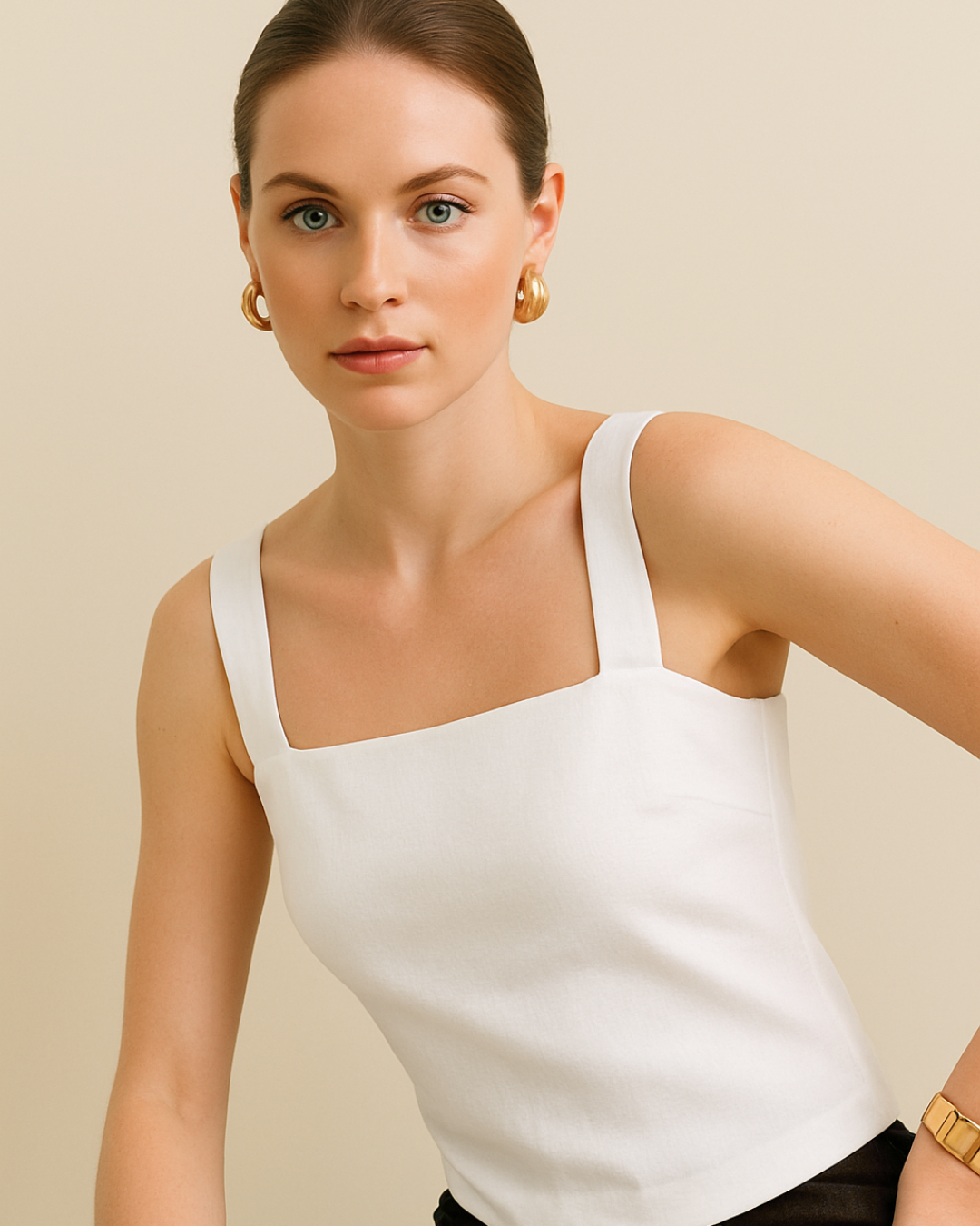 Aria Linen Crop Top – White Square-Neck Minimalist Tank