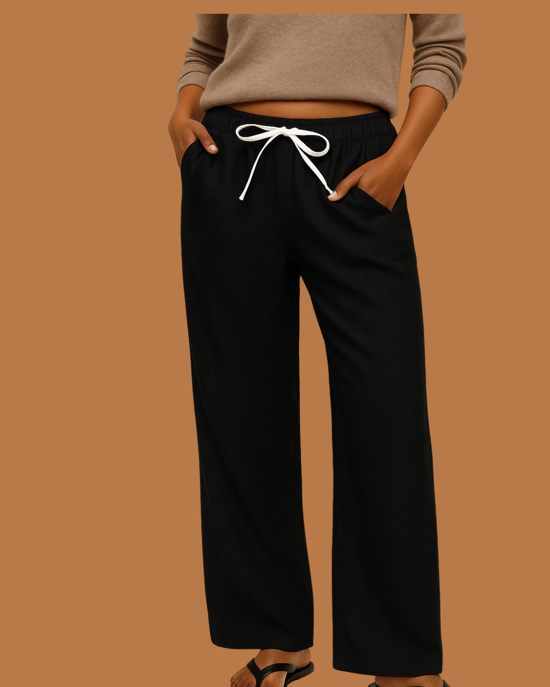 Isla Wide-Leg Linen Pants – Black Drawstring Trousers