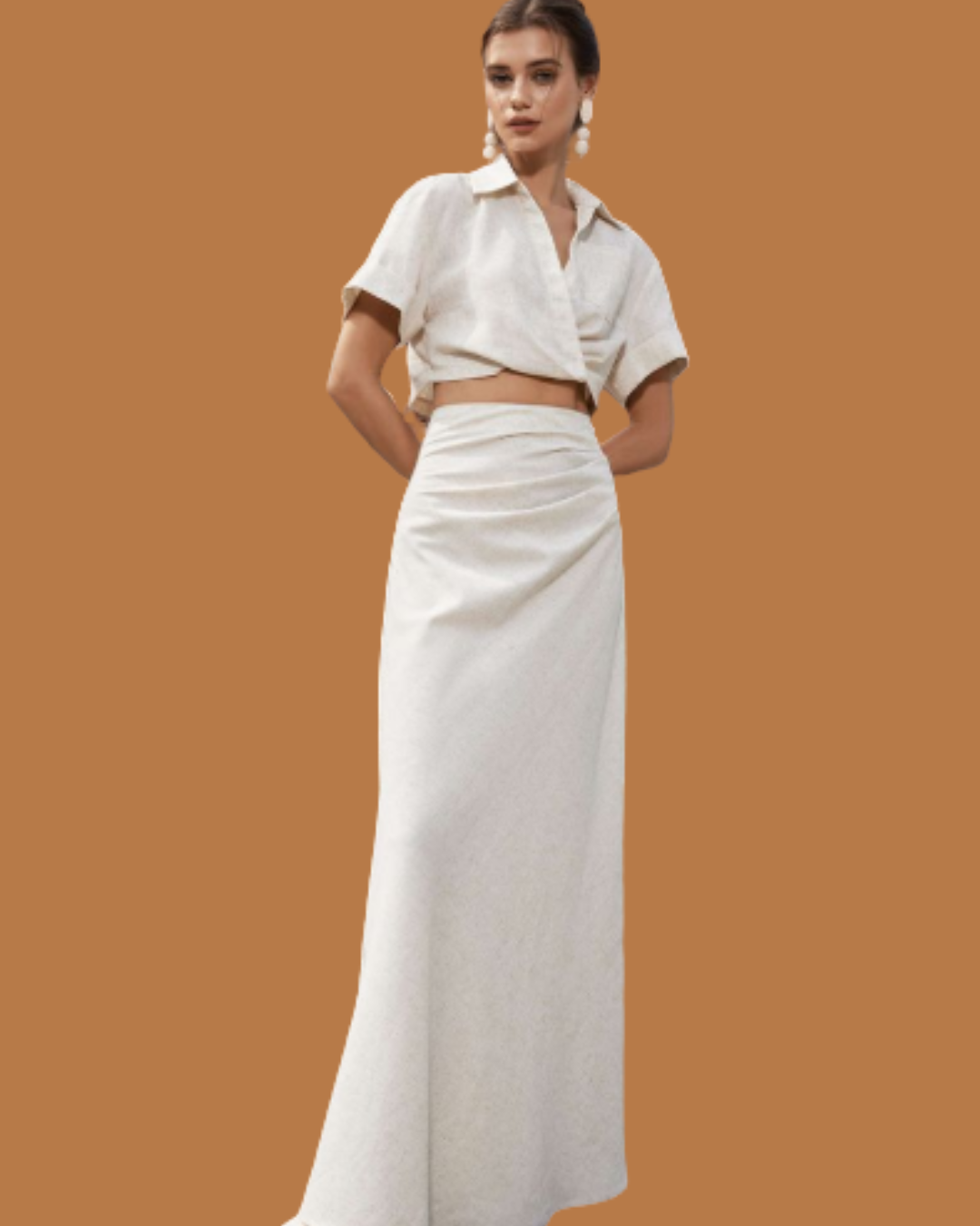 Soleil Linen Co-Ord Set – Cropped Wrap Shirt & High-Waisted Maxi Skirt in Ivory