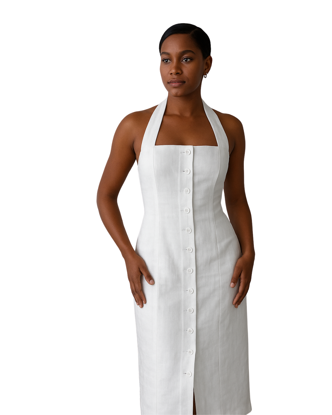 The Amalfi Linen Halter Midi Dress – Tailored Front Button-Down in Ivory