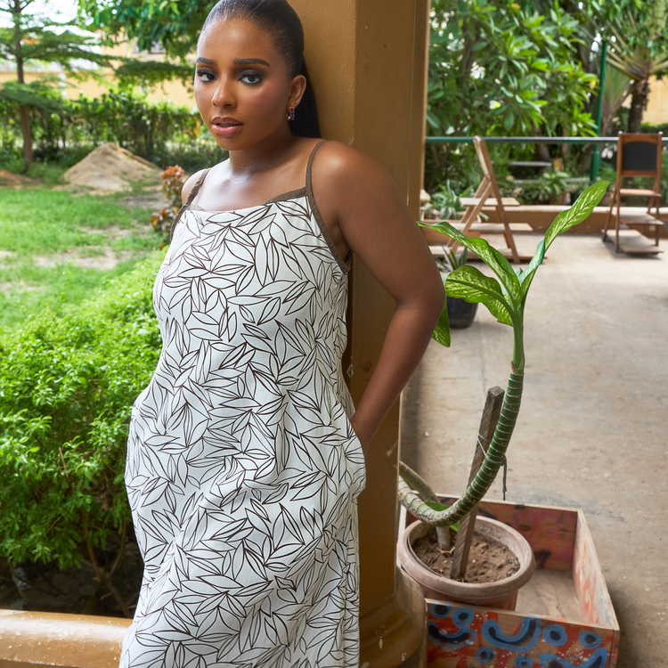 Folasa Dress in ivory botanical leaf-print linen