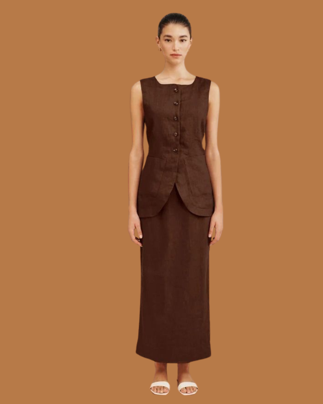 Leona Tailored Linen Two-Piece Set – Chocolate Sleeveless Top & Column Skirt