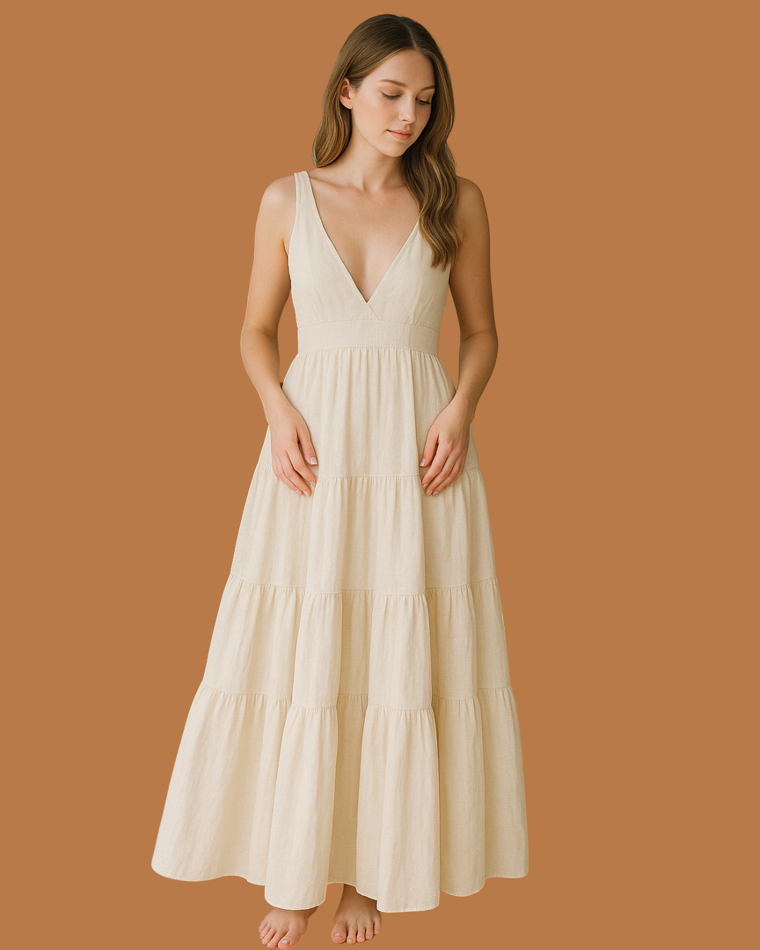 Lucia Tiered Linen Maxi Dress – Ivory V-Neck with Flowy Sleeveless Fit