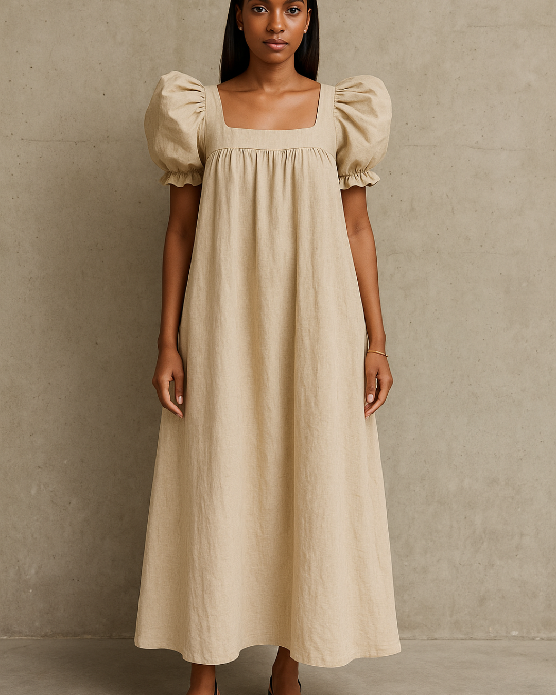 Sahara Beige Puff Sleeve Linen Dress – Square Neck Midi for Everyday Elegance