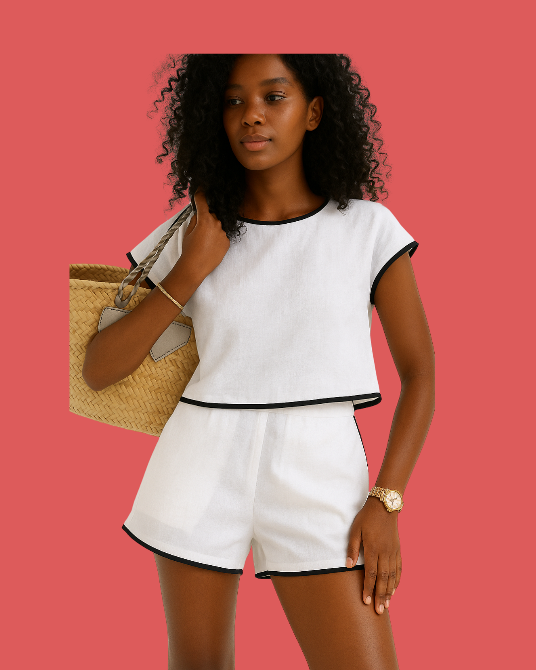 The Zuri Contrast Trim Linen Set – White Two-Piece Co-Ord for Effortless Summer Style