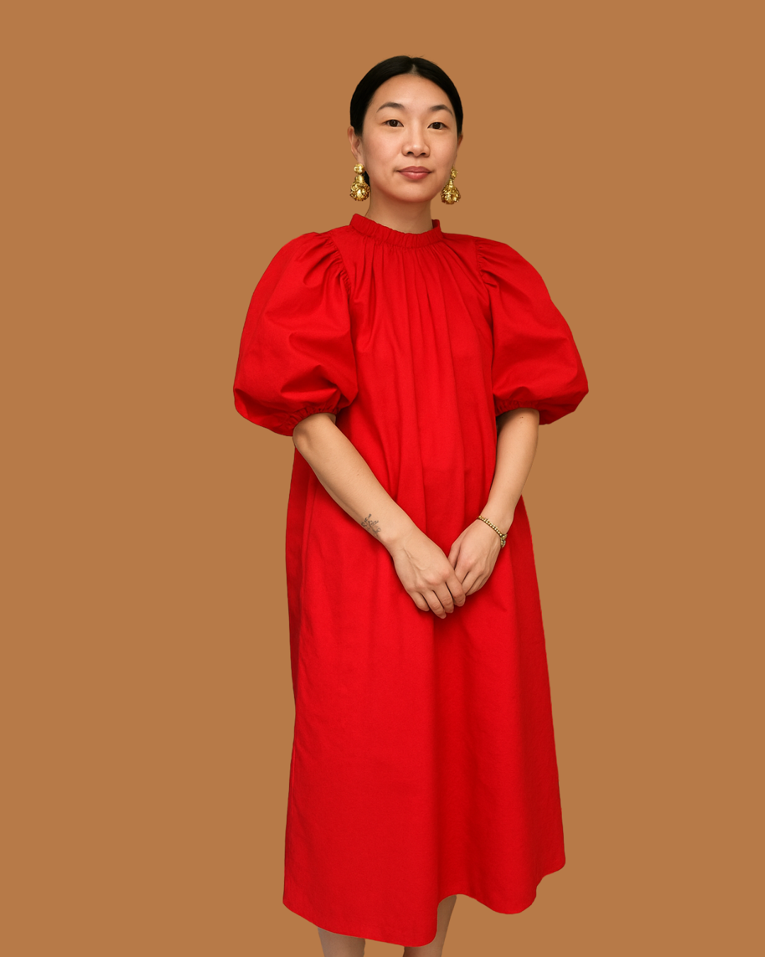 The Malia Balloon Sleeve Midi – Bold Red Linen Puff Dress