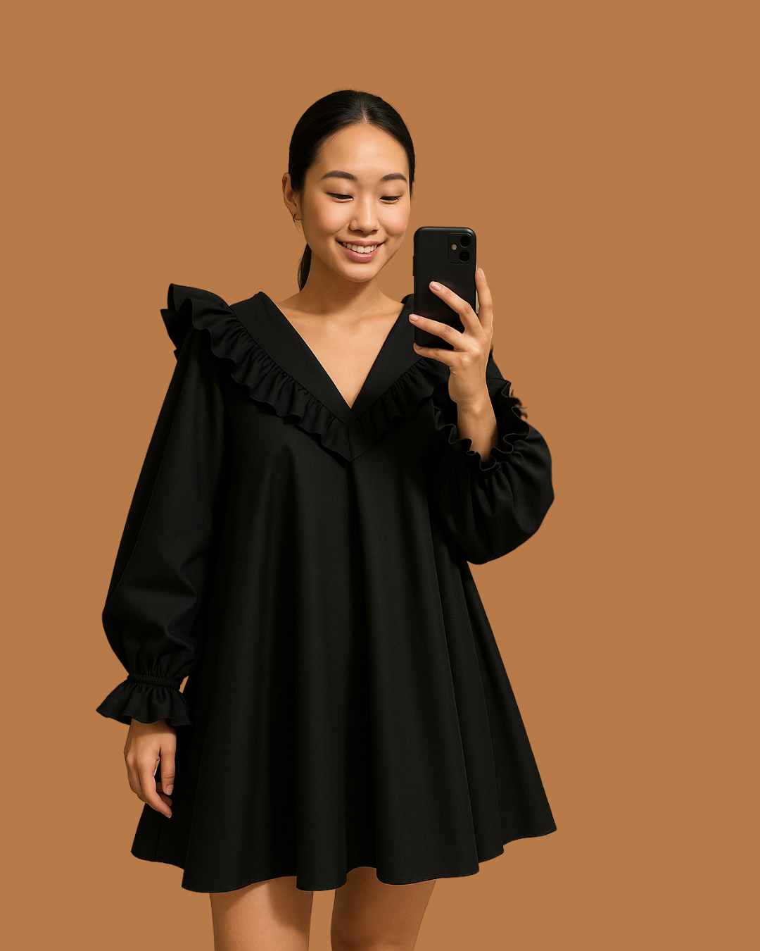 Luna Ruffle Mini – Black Long Sleeve V-Neck Dress
